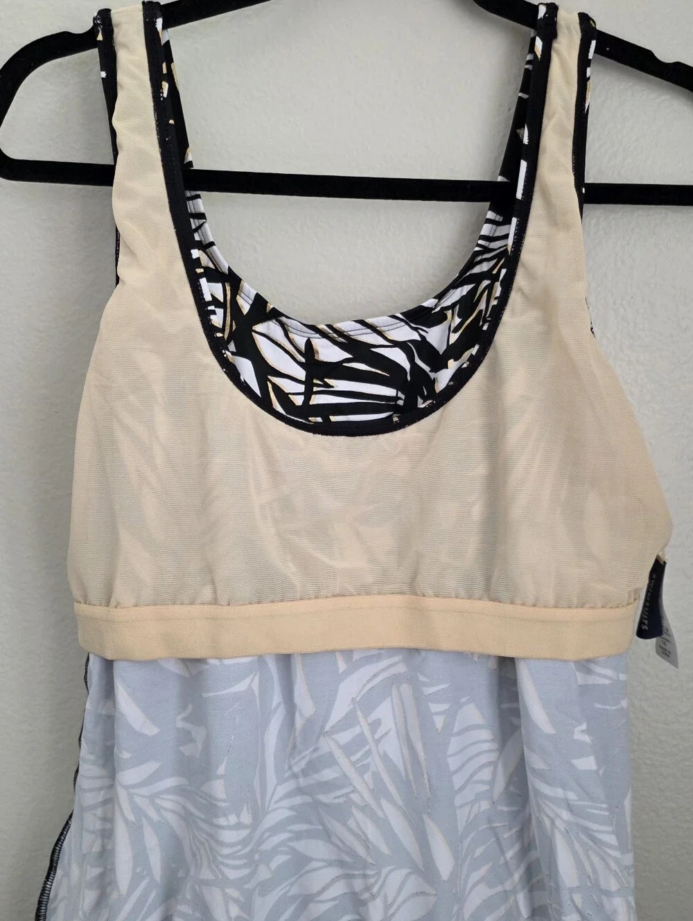 Swimsuits For All Women's Side Tie Blouson Tankini Top Black White Palm 16 NWT